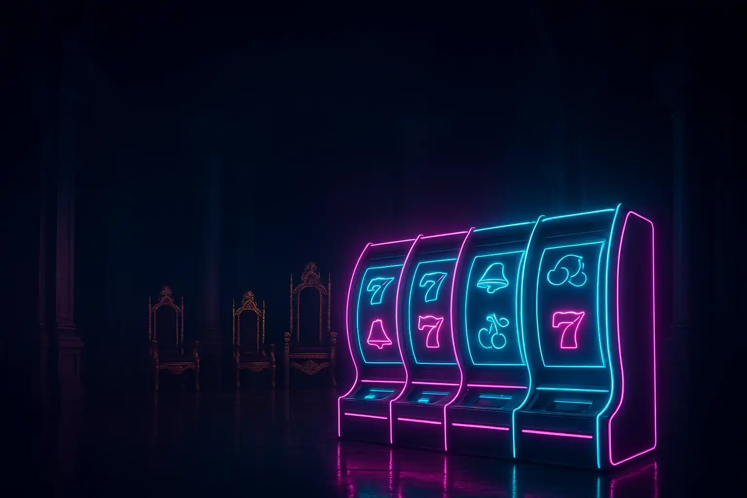 Neon royal palace casino hall with glowing slot reels