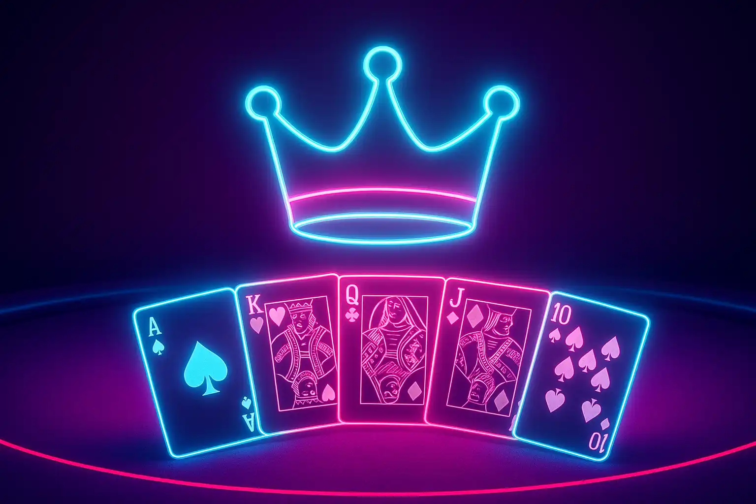 Neon crown and playing cards above a royal casino table at SpinBob