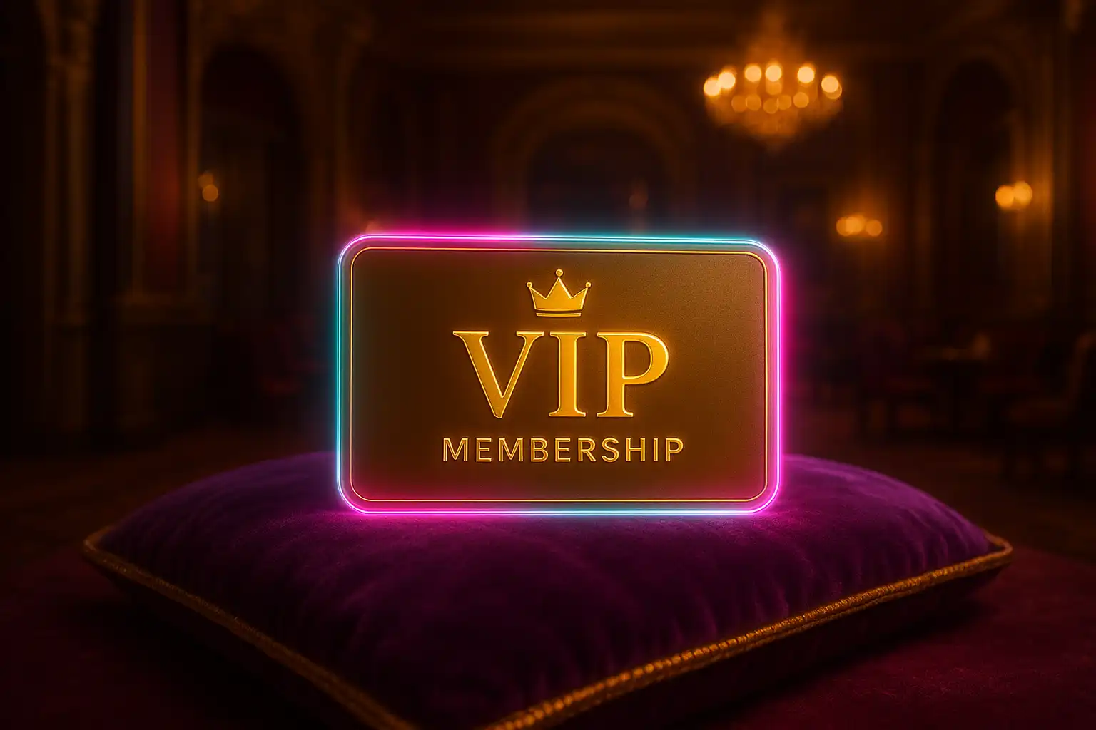 Golden crown and VIP card glowing on a neon casino lounge table